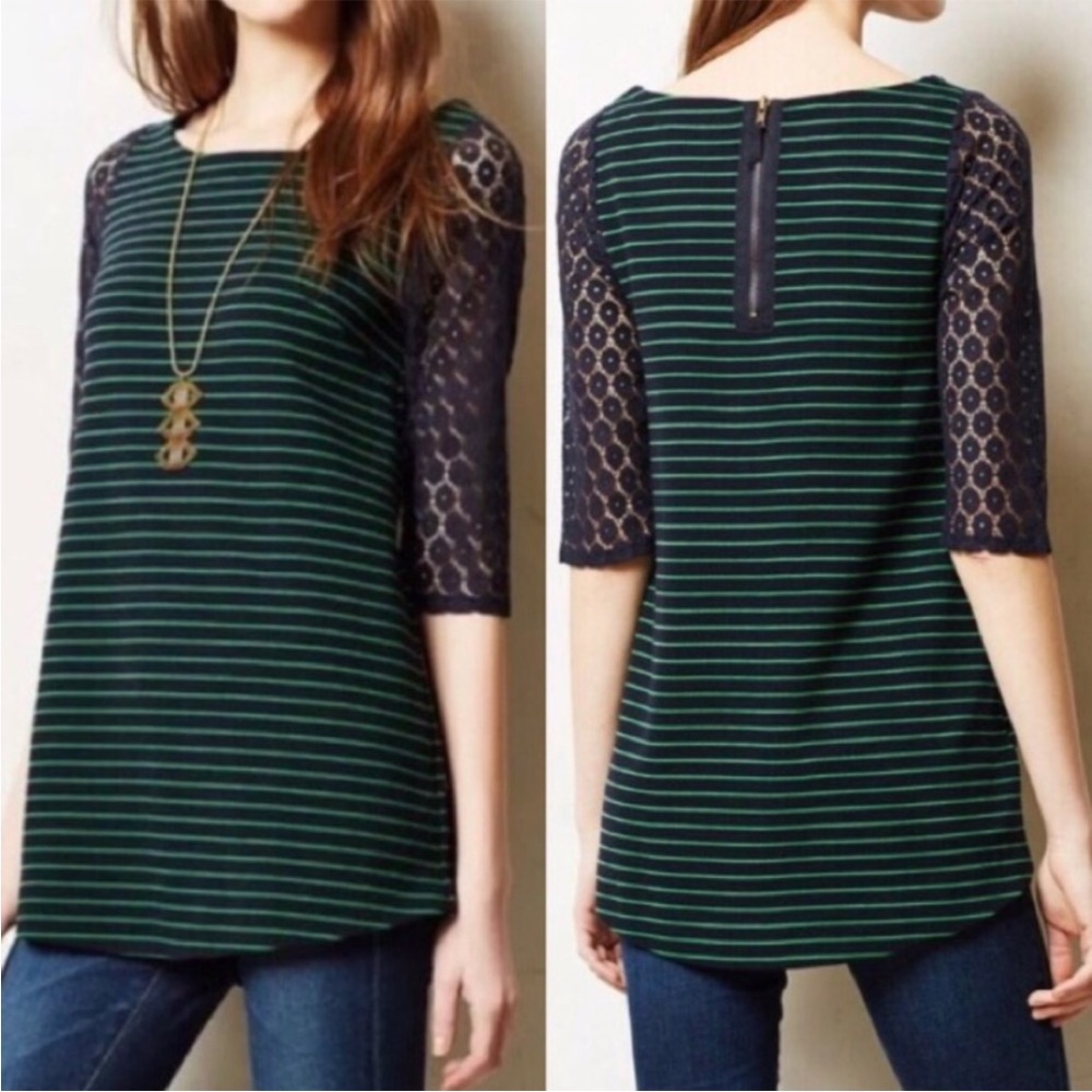 Anthropologie Postmark Green and Navy Blue Stripe Lace Sleeve Tunic Top. Size L